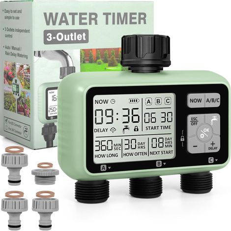 1 Minuterie D'arrosage 3 Voies, Écran LCD, Étanchéité IPX5, Mode Retard De Pluie, Pour Jardin Et Pelouse (1/5)