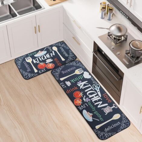 Lot de 2 tapis de cuisine (40x60+40x120 cm) tapis de cuisine absorbant l'eau et résistant à l'huile pour couloir, salle à manger, entrée et paillasson (1/4)