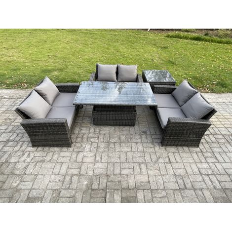 Fimous 6 Seater Rattan Wicker Garden Furniture Patio Conservatory Sofa Set with Height Adjustable Rising Lifting Table Double Seat Sofa Side Table