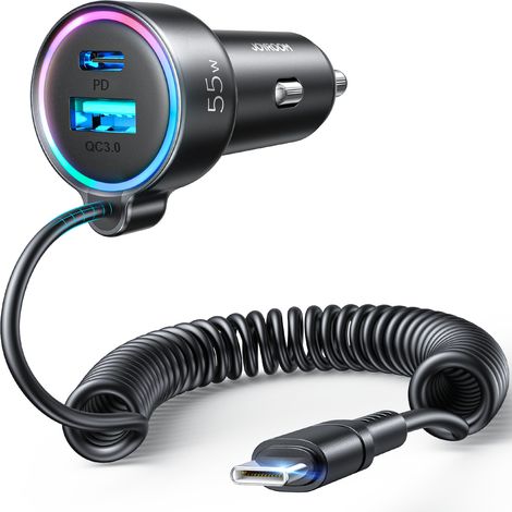 Cargador de coche ultrarrápido PD3.0 y QC3.0 de 3 puertos de 55 W, enchufe USB C con 1,5 M [Manténgalo limpio], bobina C rápida, cargador de coche para iPhone 15, Samsung S23 y más. (1/3)
