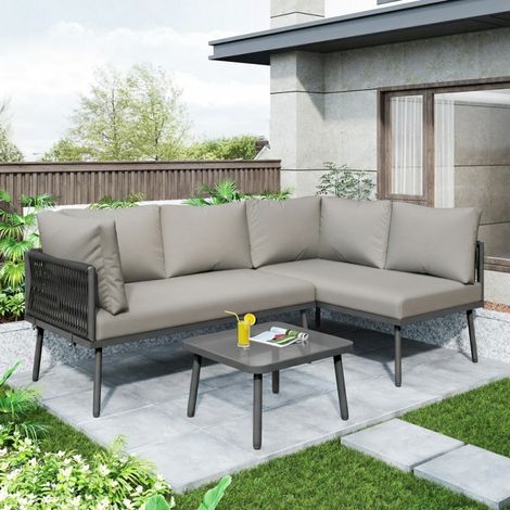 Salon de Jardin en Fer et Corde Grise, Canapé d'Extérieur en L avec Coussins et Table (1/5)