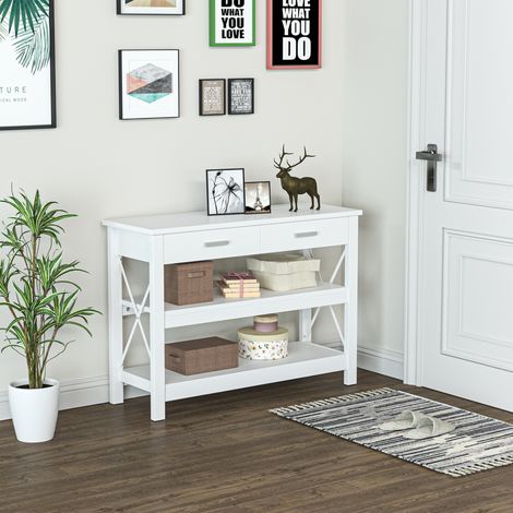 Console, table d'entrée, guéridon avec 2 tiroirs et étagères inférieures, structure en métal, 105 x 40 x 76 cm, blanc (1/5)