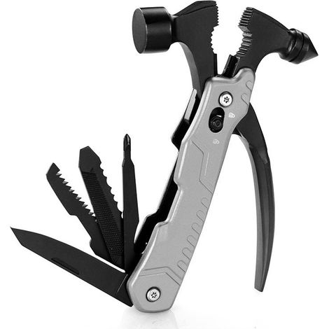 Multifunktionshammer, 14-in-1 tragbares Edelstahl-Multitool, kompakte Mehrzweckwerkzeuge mit Hammer, Zange, Schraubendreher, Geschenke für Männer, Vater, Weihnachten, Geburtstag (grau)