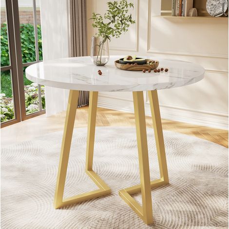 Tavolo da pranzo rotondo 80x75 cm bianco in MDF e metallo con effetto marmo e piedini regolabili (1/5)
