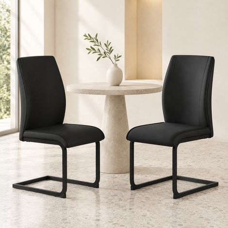 Lot de 2 chaises de salle à manger en cuir régénéré noir, dossier ergonomique, coussin confortable et pieds en métal, design moderne pour repas et intérieur contemporain CHICFURN (1/5)