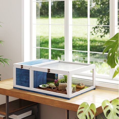Maison pour tortues en bois avec toit ouvrant, 91 x 60,5 x 32 cm, bleue (1/5)