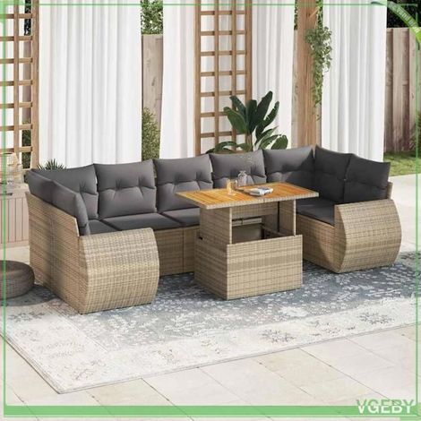 Salon de jardin - 3327237 - Résine tressée beige - Modulaire avec rangement étanche - Table réglable acacia (1/5)