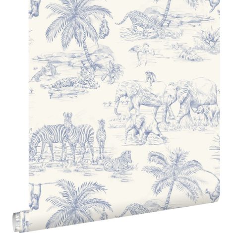 papier peint animaux de la jungle bleu et blanc - ESTAhome (1/5)