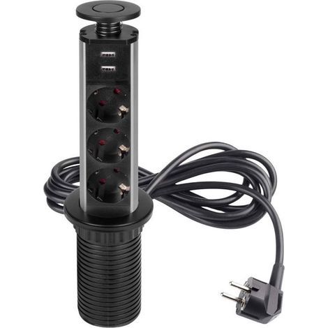 (Nero) Connettore multiplo verticale sollevabile Emuca, UE, verniciato di nero, in plastica e alluminio. (1/5)