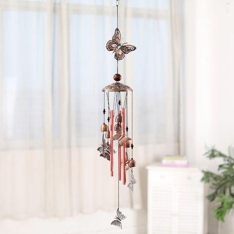 Carillon à vent en forme de papillon avec 4 tubes creux et 6 cloches en métal pour décoration de jardin extérieure et intérieure (1/5)