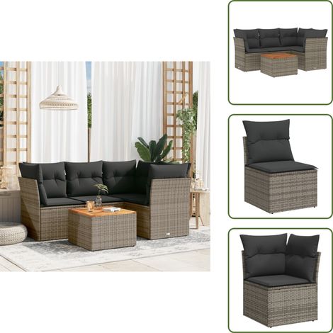 5-tlg. Garten-Sofagarnitur mit Kissen Grau Poly Rattan - Gartenmöbel Set - PE-Rattan Möbel - Outdoor Sofa - Lounge Set - Esstisch Set (1/5)