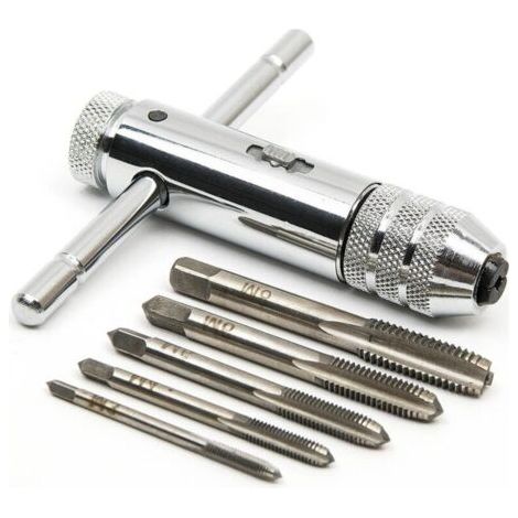 QORVA-Tarauds manuels, tarauds métriques, tarauds et filières, tarauds M3, M4, M5, M6 et M8, tarauds avec porte-taraud à cliquet commutable