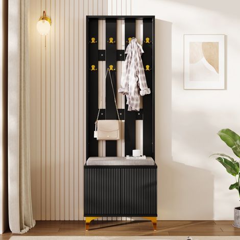 Comodino da ingresso con panca porta scarpe e cuscino - 60,5 x 35,2 x 180,5 cm - Frontale ondulato con apertura a pressione - Nero e oro (1/5)
