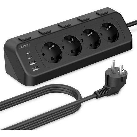 Multiprise USB C avec Interrupteurs Individuels, Prise d'angle 4 Compartiments avec 2 USB C,2 USB A, Bloc Multiprises (3680W 16A) Bureau avec Cable 2m pour Smartphone Tablette- Noir (1/5)