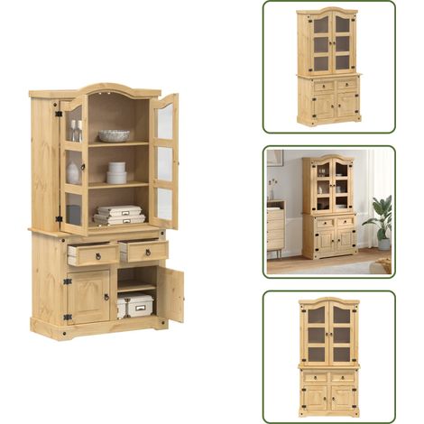 Vitrine en verre Corona 100x48,5x179 cm bois massif de pin - Buffet Rustique - Meuble De Rangement - Vitrine En Bois - Étagère Ouverte - Décoration Intérieure