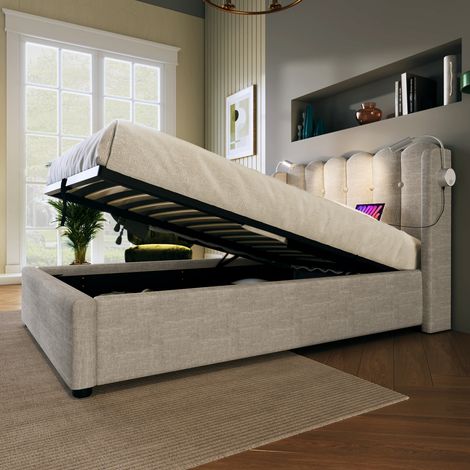 Lit une place 90x200 en lin avec tête de lit lumineuse, rangement intégré, port USB, sommier inclus, sans matelas, naturel, pour adolescent. (1/5)