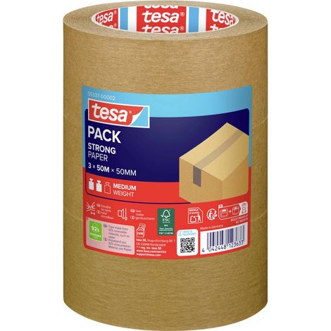 tesapack Carta ecoLogo, Nastro da imballaggio in Carta Ecologica, 60 Prozent di materiale organico, Marrone, 3x 50 m x 50 mm