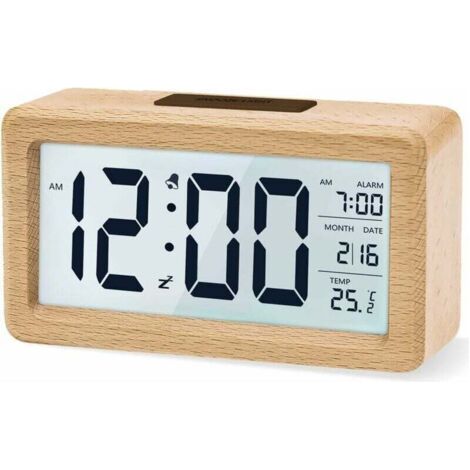 Réveil numérique - Horloge de chevet en bois avec grand écran LCD rétroéclairé - Température - Fonction Snooze - Capteur de luminosité - 3 piles AAA (Batterie NON Incluse)