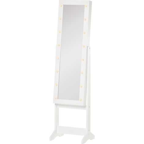 Miroir à bijoux sur pied avec 16 lumières LED et angle réglable, organisateur de bijoux avec étagères, 36 x 30 x 136 cm, blanc chaud (1/5)