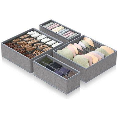 Lot de 4 Organisateur sous Vetement, Organisateur de Tiroir Pliable, 24/6/8 Compartiments Séparateurs de Tiroirs Non-tissé,Rangement Soutien Gorge, Culotte, Chaussette, Cravate, Gris Foncé (1/5)