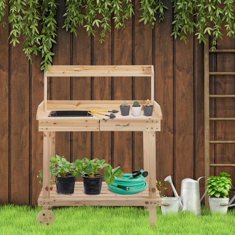 Outsunny Pflanztisch mit Schublade 2 Stufen Gärtnertisch mit waschbecken und Rollen Garten Tannenholz Natur 92 x 45 x 119 cm