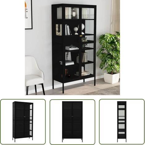 The Living Store Vitrine Schwarz 90x40x180 cm Stahl und Gehärtetes Glas - Schrank - Sideboard - Vitrine - Stauraum - Regal (1/5)