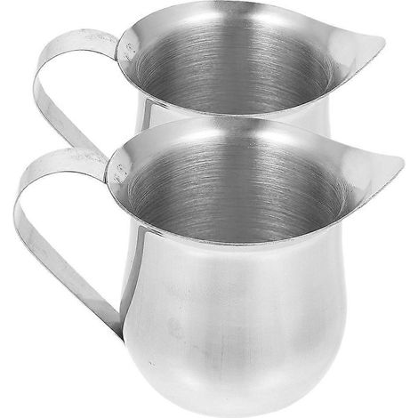 Lot de 2 petits pichets à lait en acier inoxydable de 60 ml, parfaits pour la maison. Idéal pour faire mousser le lait à expresso ou à latte. (1/5)