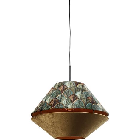 Pendelleuchte Schwarz mit Doppeltem Samtlampenschirm Blattdesign und Beige - Combi 1