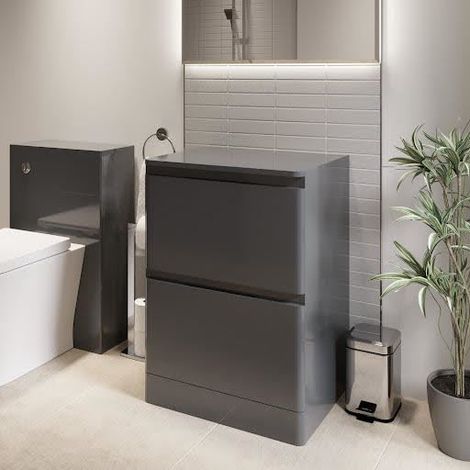 Bathroom Cloakroom Vanity Unit Wash 600mm Cabinet Drawers Storage Grey Gloss (1/5)