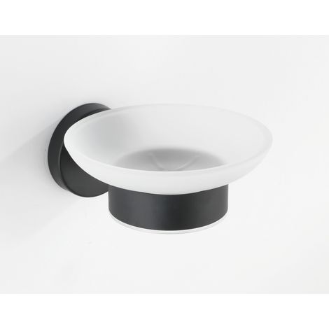 WENKO Portasapone da muro Bosio Black, Portasapone rotondo da fissare al muro, Acciaio inossidabile - vetro satinato, 11x5,5x13 cm, nero opaco (1/5)