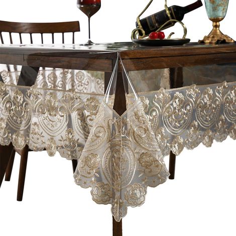 PVC Tischdecke Champagner mit Spitzenbesatz, 150x220 cm, rechteckig