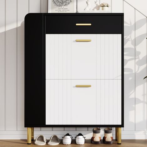 Schuhschrank, 80x24x105 cm, schmaler platzsparender Dielenschrank für den Flur, 2 Klappen, 1 Schublade und 3 offene Fächer, Weiß und Schwarz (1/5)