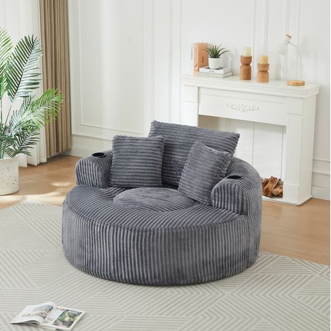 Fauteuil lounge rond en velours côtelé avec 3 coussins, porte-gobelets et rangements latéraux, gris (1/5)