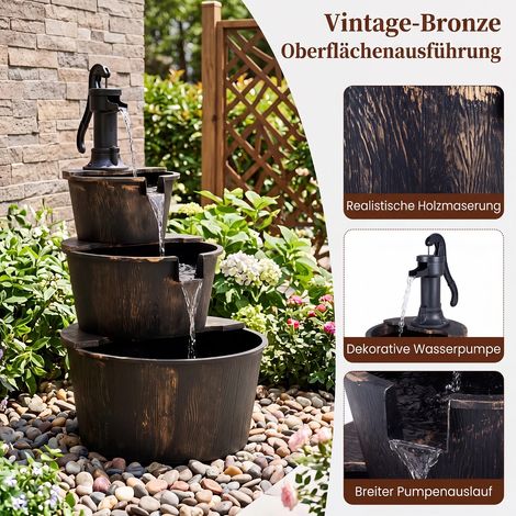 Fontaine de jardin 3 niveaux marron effet tonneau en bois avec pompe réglable et cascade, pour terrasse, jardin et balcon (1/5)