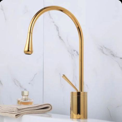 Robinet de lavabo moderne (Golden Medium) en laiton brossé or noir argent, à fixer sur plage, mitigeur eau chaude/eau froide pour salle de bain. (1/5)