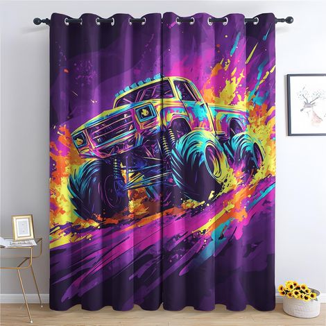 Rideau Occultant Monster Truck - Décoration Monster Truck, Rideau Thermique Motif Enfant Garçon Voiture Cool, Lot de 2 Rideaux Opaque à Oeillets pour Fenetre Chambre Salon, 140x160 cm (LxH) - 2x L 140 (1/5)