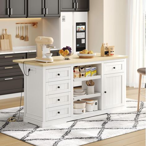 Aparador 150x65x75,5 cm con 5 cajones, 2 estantes ajustables, cubierta abatible y enchufes, para cocina, comedor y salón, blanco (1/5)