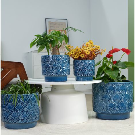Vaso per piante in ceramica Ø38 cm blu lucido, rilievo a cuore, foro di drenaggio DESVIAE
