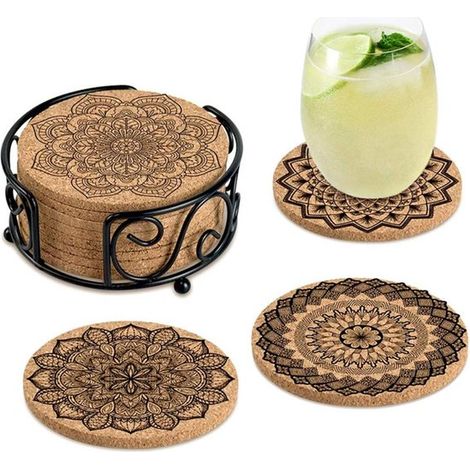 Lot de 12 sous-verres – Sous-verres en liège à motif mandala – Sous-verres ronds – Antidérapants – Résistants à la chaleur – Sous-verres isolants en bois (1/5)