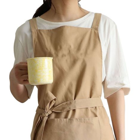 Bestickte Baumwollschürze, wasser- und ölabweisend, mit Taschen, Kochschürze, khaki. (1/5)