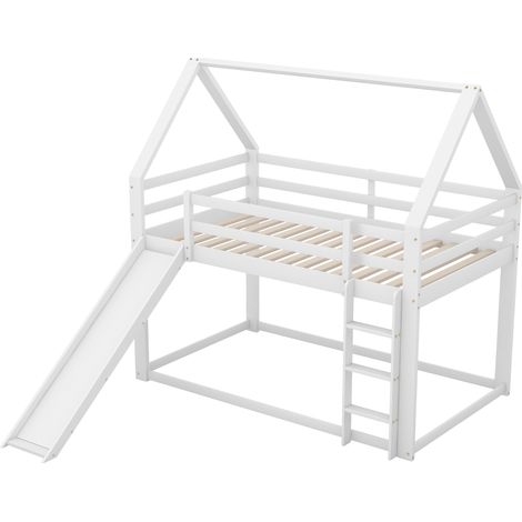 (=WX000117AAK-1) Lit simple pour enfant, lit cabane, lit superposé avec toboggan et échelle, blanc, 90x200cm (1/5)