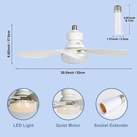 Ventilateur avec éclairage à visser, 52 cm, avec télécommande et variateur d'intensité, ensemble ventilateur et éclairage à visser pour garage, cuisine, chambre, balcon, salon, atelier, buanderie (1/2)