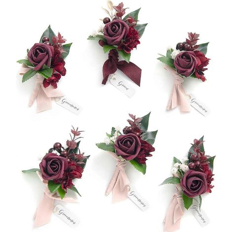 Ensemble de 6 boutonnières pour homme, pour le marié et ses garçons d'honneur, pour une cérémonie de mariage, un anniversaire ou un dîner formel, couleur Marsala. (1/5)