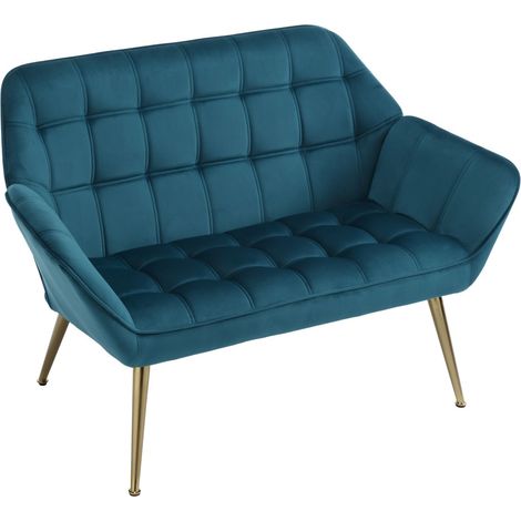 2 Seater Sofa in Velvet Upholstered Modern Couch Comfortable Loveseat Sofa with Metal Legs for Bedroom Living Room, Blue, Wahson (1/5)