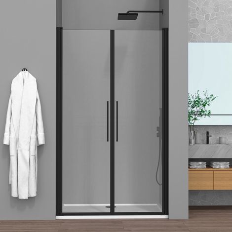 Porta doccia con apertura Saloon per nicchia 80cm in vetro temperato trasparente con profili nero Neos