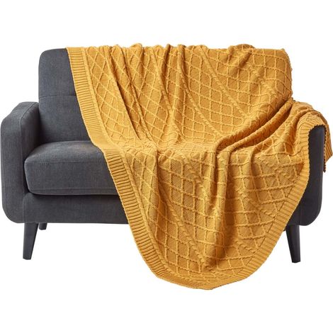 HOMESCAPES Mustard Diamond Cable Knit Cotton Throw, 150 x 200 cm