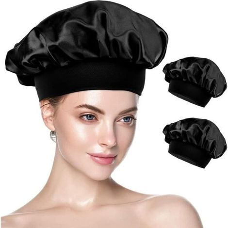 Bonnet Satin Cheveux Nuit, Lot de 2 Bonnets en Satin pour Dormir, Bonnet en Satin Bonnet Soie Cheveux Nuit pour Femme(Noir&Noir) (1/4)