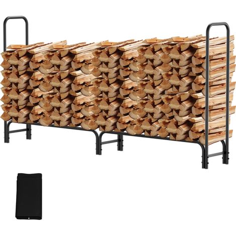 Wolketon Leñero soporte para leña exterior 244 x 34,5 x 124 cm, funda impermeable, acero negro, carga 300 kg, estable