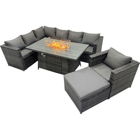 Fimous Rattan Garden Furniture Dining Set 8-seater Gas Firepit Dining Table Corner Sofa Set with Big Stool Dark Grey Mixed (1/5)