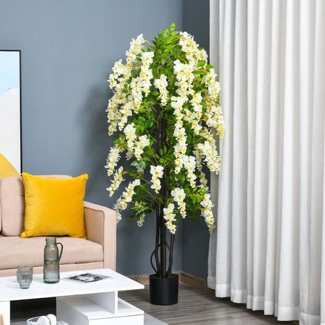 Glycines factices blanches 165cm, végétaux ornementaux en pot, matière plastique et ciment, adaptées à l'intérieur et à l'extérieur